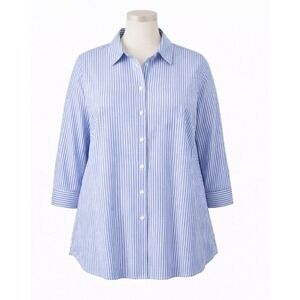 Joan Rivers Womens 3X Seersucker Shirt Blue Back‎ Button Detail Hi Low Hem NWT